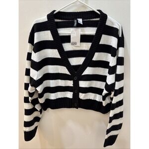 H&M Divided Sweater Women's Size L Cardigan Academia Preppy Striped Cropped Goth